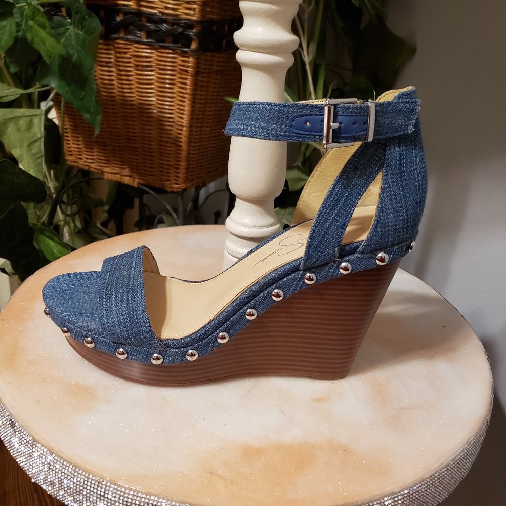 New Jessica Simpson Denim Studded Wedge Heels